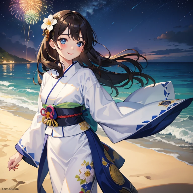 Masterpiece, Best quality, Highest quality, 4K, One girl, One boy, wears Summer Kimono, Light-colored kimono, detailed eyes, deteailed face, Blue-headed flower, Blue Eyes, girl has long Brown hair, boy has short Black hair, fireworks, Beach, Smile, Night Sky, Walk by the sea, blush faces, holding hands
