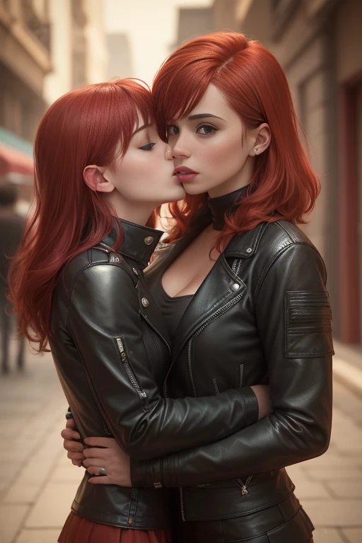 2 girls, Leather Jacket, mini skirt, Red hair, full body shot, lesbian, kiss, Face to face, pressed tightly against the chest, lips touch,romance, realistic picture, cinematograph