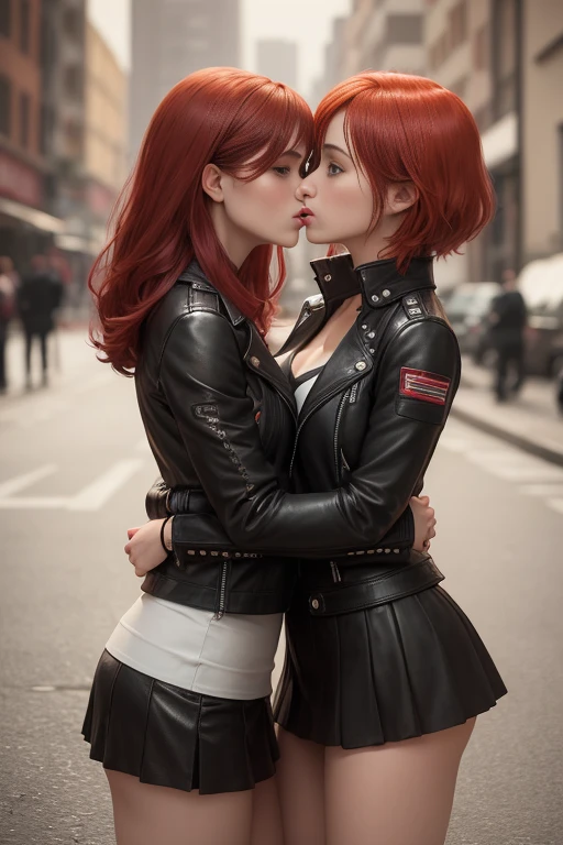 2 girls, Leather Jacket, mini skirt, Red hair, full body shot, lesbian, kiss, Face to face, pressed tightly against the chest, lips touch,romance, realistic picture, cinematograph