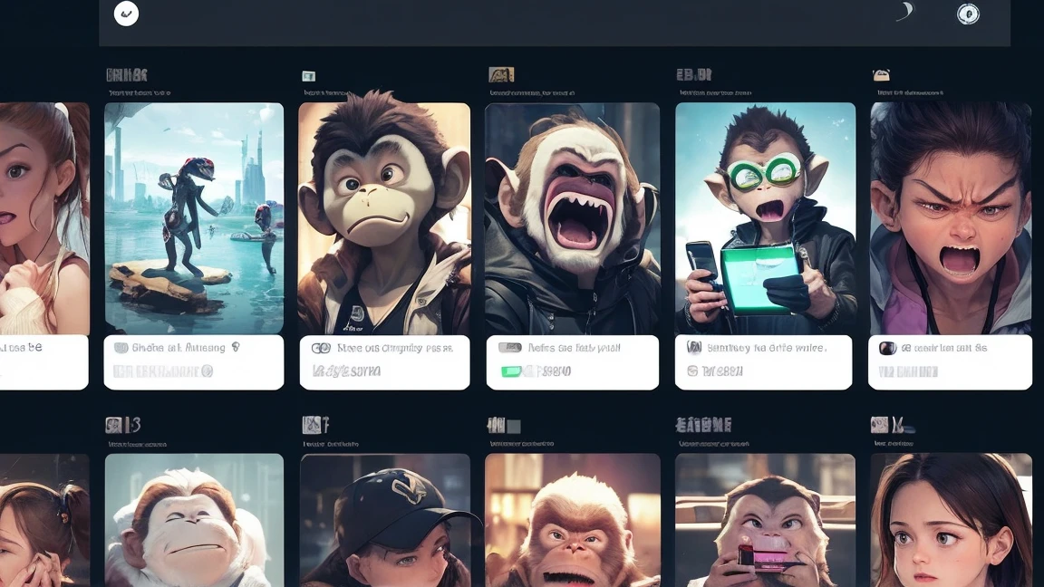 A scene of a monkey, an alien, and a large group of humans, male and female, enjoying social media with their smartphones. While looking at the phones, a variety of emotions are expressed, including an angry monkey, an alien making money, and a gasping person. The background is pure white.