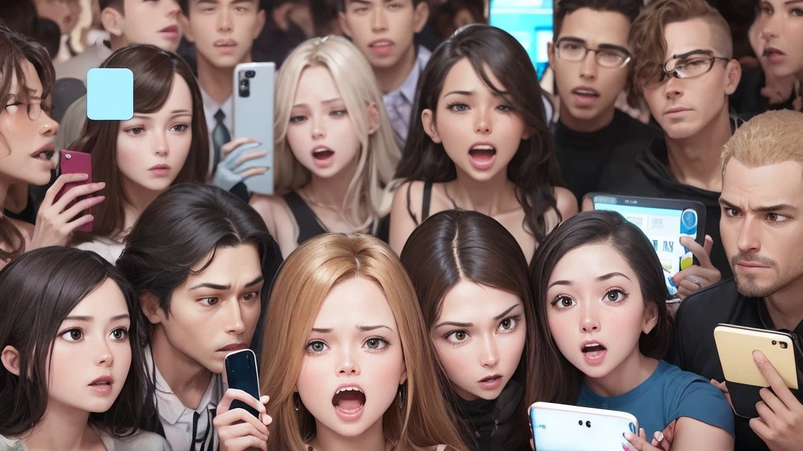 A scene of a monkey, an alien, and a large group of humans, male and female, enjoying social media with their smartphones. While looking at the phones, a variety of emotions are expressed, including an angry monkey, an alien making money, and a gasping person. The background is pure white.