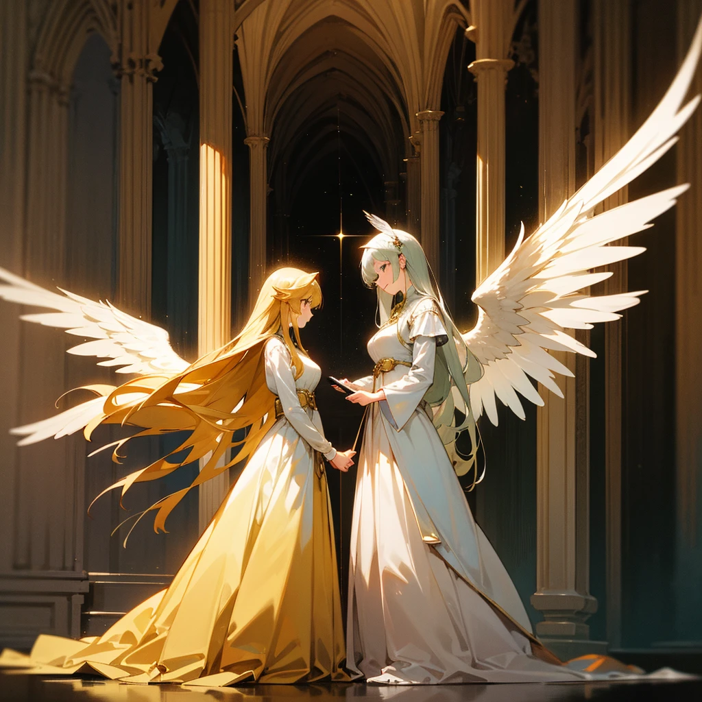 high resolution、Archangel Gabriel、The motif、A dignified, elegant and refined adult woman。Long hair、Large white angel wings、癒やしのgod。The dress is mainly green and gold.。
Standing、Hall々It is said that。
like medieval europe、Fantasy、美Shii、god々Shii。