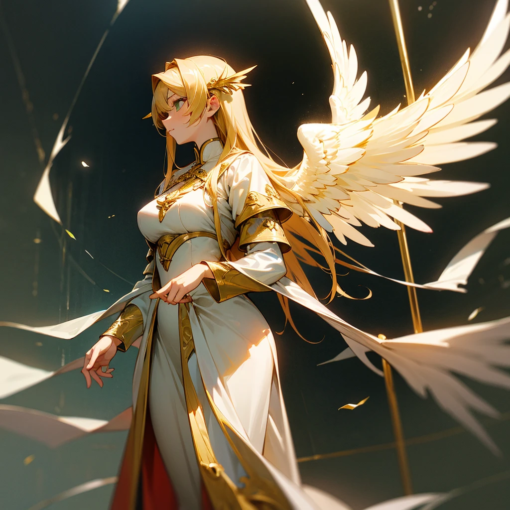 high resolution、Archangel Gabriel、The motif、A dignified, elegant and refined adult woman。Long hair、Large white angel wings、癒やしのgod。The dress is mainly green and gold.。
Standing、Hall々It is said that。
like medieval europe、Fantasy、美Shii、god々Shii。