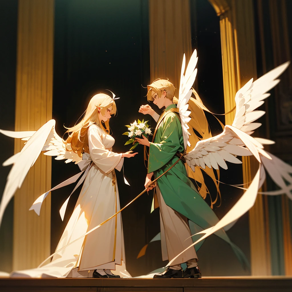 high resolution、Archangel Gabriel、The motif、A dignified, elegant and refined adult woman。Long hair、Large white angel wings、癒やしのgod。The dress is mainly green and gold.。
Standing、Hall々It is said that。
like medieval europe、Fantasy、美Shii、god々Shii。