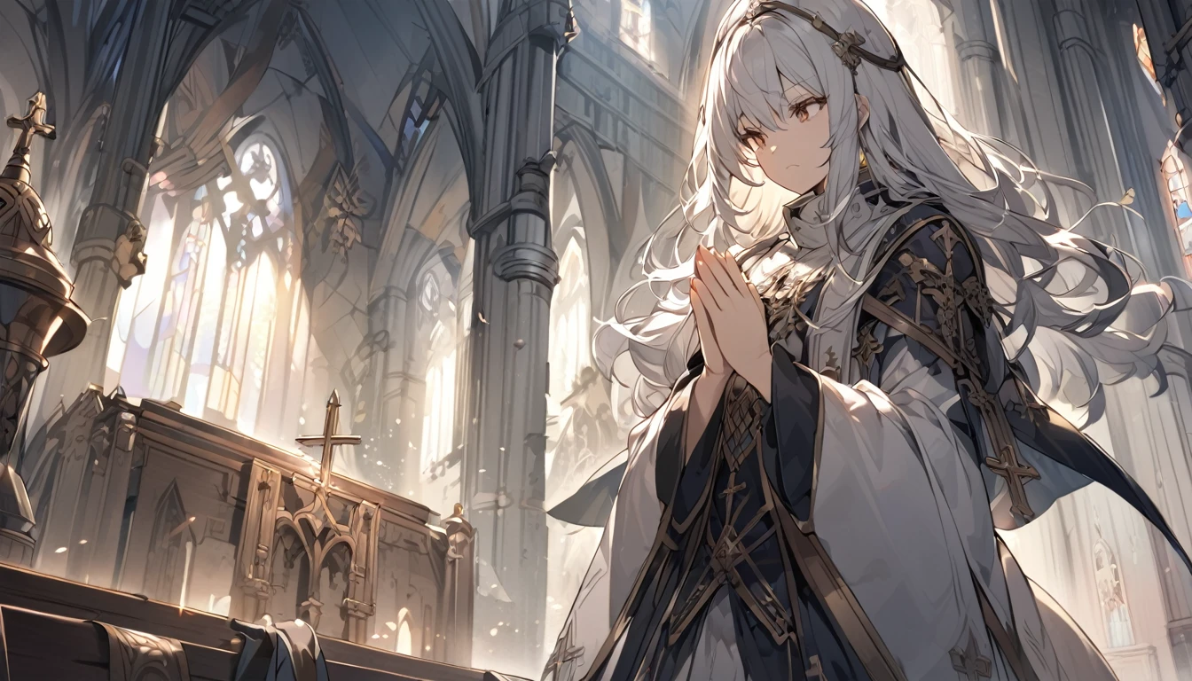 church,mysterious,White Hair Girl,Praying,Detailed Background,In combat