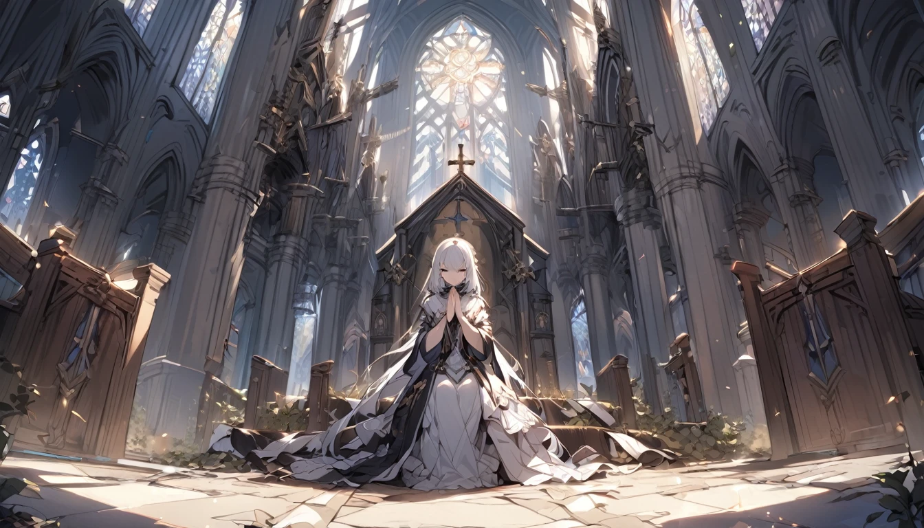 church,mysterious,White Hair Girl,Praying,Detailed Background,In combat