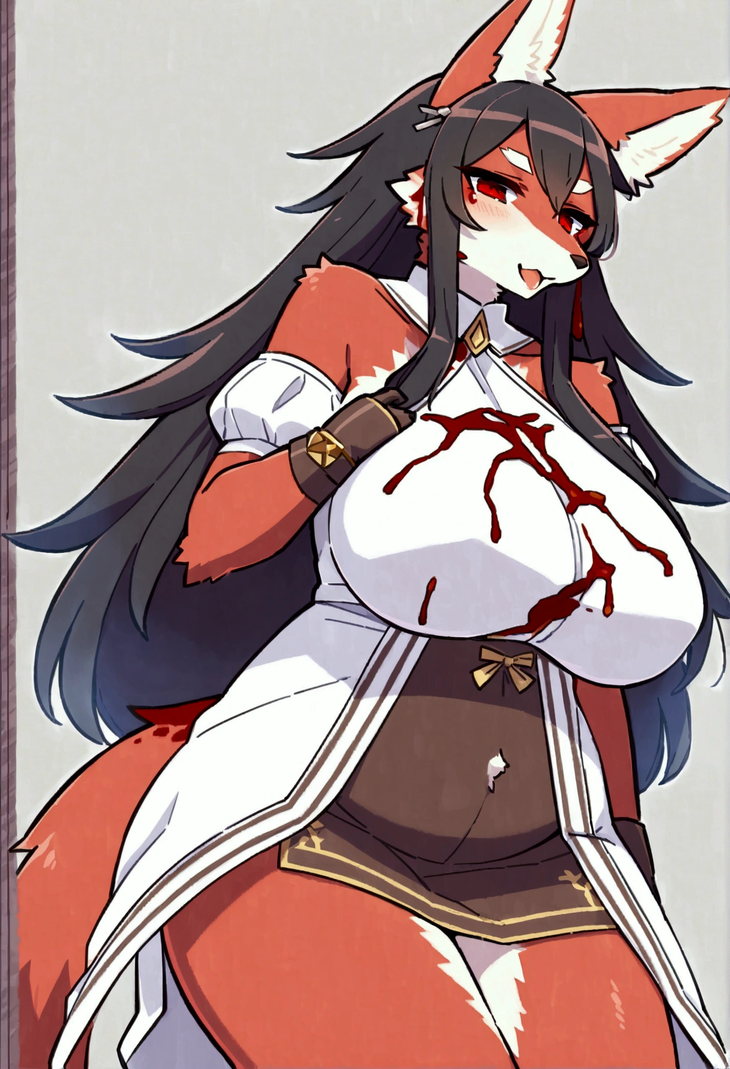 top quality, best quality, by yamame513, High-quality illustrations, masterpiece)(kemono, furry anthro), round, 1 female, hellfire wolf, model body, blood furs, fluffy, tail, big breasts, perfect eyes, red eyes, cleric dress, body movement, body twitching, pregnant,