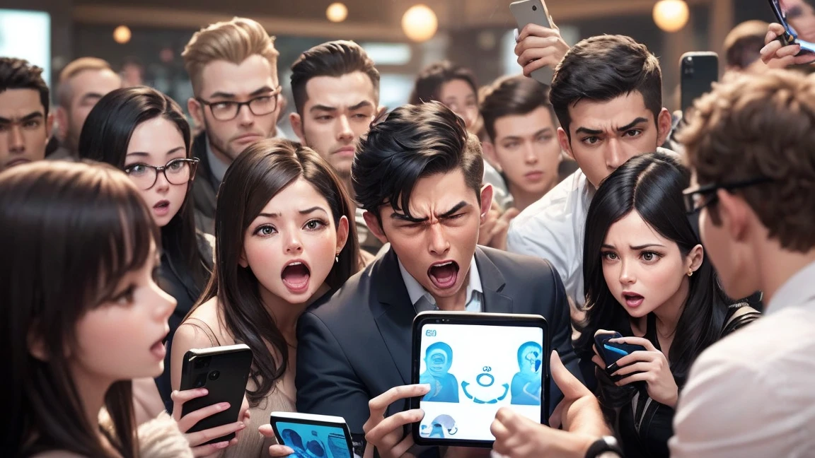 A scene of a monkey, an alien, and a large group of humans, male and female, enjoying social media with their smartphones. While looking at the phones, a variety of emotions are expressed, including an angry monkey, an alien making money, and a gasping person. The background is pure white.
