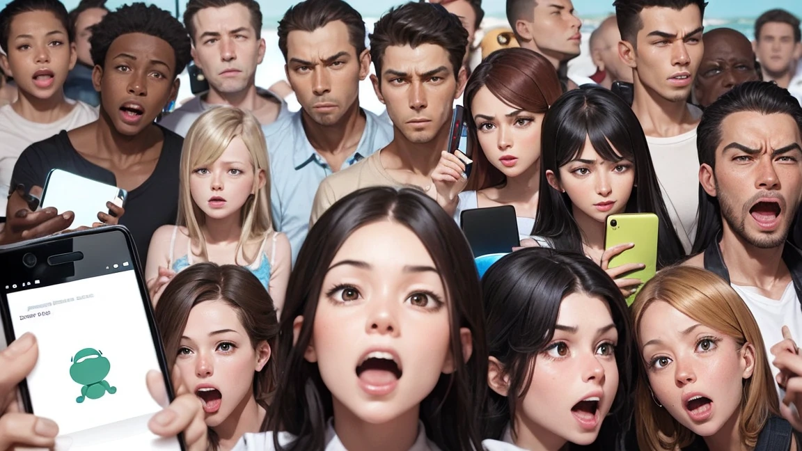 A scene of a monkey, an alien, and a large group of humans, male and female, enjoying social media with their smartphones. While looking at the phones, a variety of emotions are expressed, including an angry monkey, an alien making money, and a gasping person. The background is pure white.
