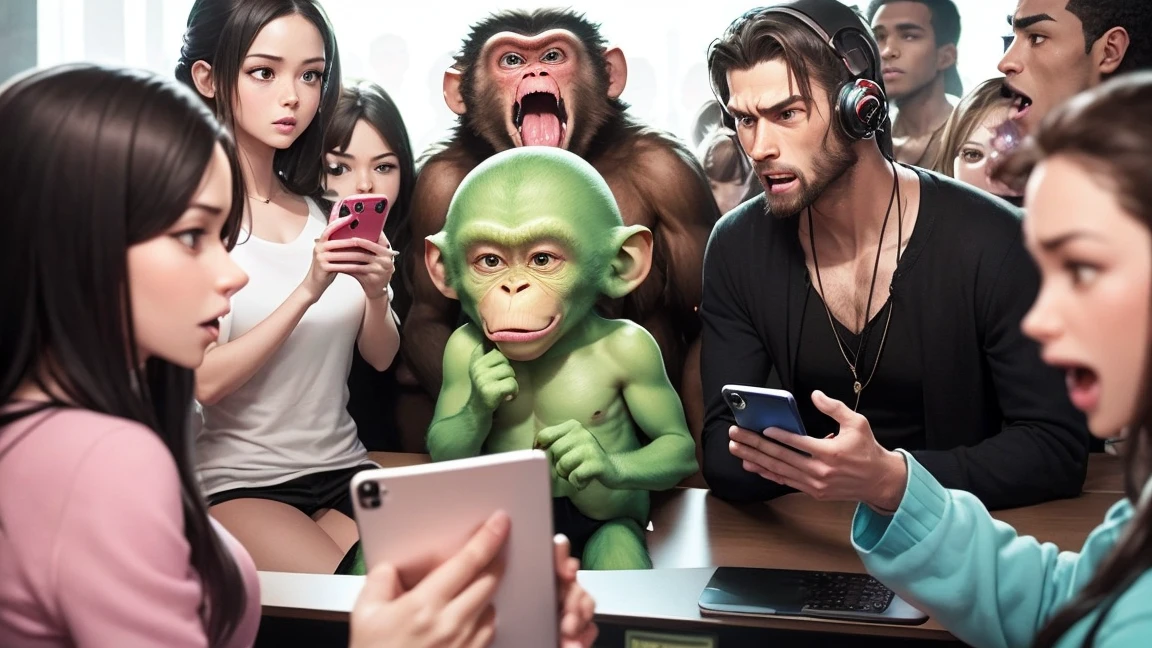 A scene of a monkey, an alien, and a large group of humans, male and female, enjoying social media with their smartphones. While looking at the phones, a variety of emotions are expressed, including an angry monkey, an alien making money, and a gasping person. The background is pure white.
