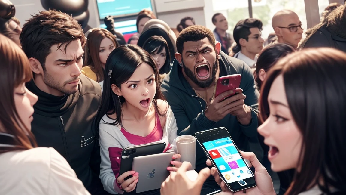 A scene of a monkey, an alien, and a large group of humans, male and female, enjoying social media with their smartphones. While looking at the phones, a variety of emotions are expressed, including an angry monkey, an alien making money, and a gasping person. The background is pure white.