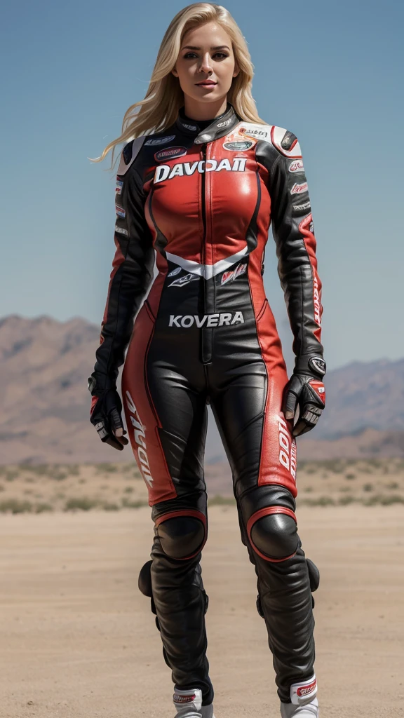 beautiful blonde, 25 year old, American woman, motorcycle racing outfit, Daredevils, realistic, 8k, koda photo, photo realistic, slim body, fit, large breast, riding big ducati superbike