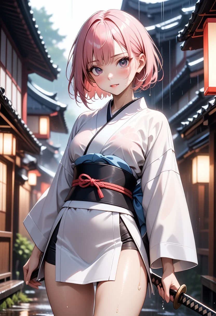 Wet skin, wet clothes, ((Samurai Girl)), (((kimono))), dark Outfit, ((skindentation)), skinny, solo, (1 sexy woman), Masterpiece, highest quality, highest quality, 16K, incredibly absurd, highly detailed, 2.5D, ai-generated, delicate and dynamic, very delicate facial expressions, delicate eye depiction, erotic, only sexy woman, (short hair), (pink hair:1.5), bob cut, black eye, ((A cute and kind face)), healthy figure, ((25-year-old woman)), 160cm tall, medium firm swaying bust, blush, Sweat,Embarrassed,sexy, ((thin thighs)), ((shiny and lustrous)), facing straight at viewer, Japan in the Edo period, post town scenery, heading to battle, in the rain, Close-up,