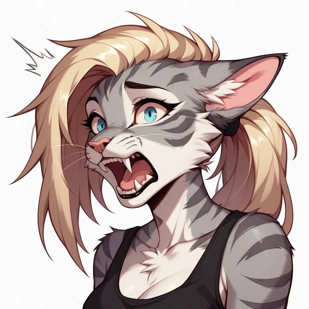 score_9,score_8_up,score_7_up, score_6_up, score_5_up, source_cartoon, flat colors, no shading, Kat, Anthro furry feline, silver fur, grey stripes on body, blue eyes, long blonde hair, undercut hair, pink nose, :3, wearing black tank top, exaggerated expression, upper body shot, screaming, shocked, feline teeth, mouth open, (looking to her left):2, cowboy shot, upper body shot, bored, simple white background, side view