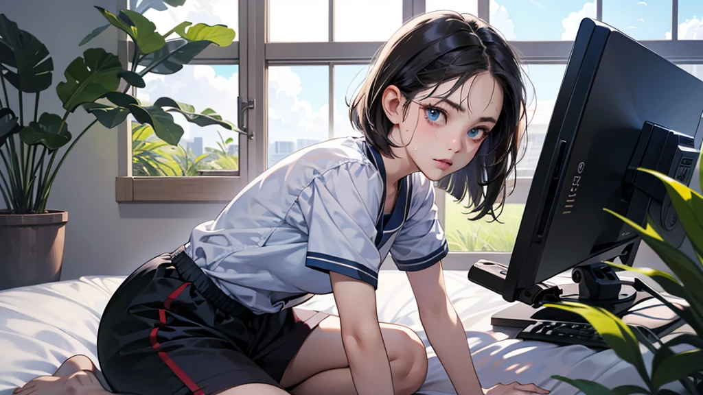(perfect anatomy:1.2)(absurdres, highres, ultra detailed),masterpiece,best quality,high resolution,8k,Realistic face,Realistic skin texture,magnified textures, stunning clarity,detailed anime girl,(ultra detailed eyes and face),(1 girl:1.5)21years old,she is office worker,black hair, bob cut,no-makeup look,Loose-fitting short pants loungewear,black satin good,(wariza:1.3),Blue eyes,sparkling eyes,small nose,roundface,Women's Apartments in suburb,2:00 P.M.(buzzer),(too hot),(sweat),The expression of suffering from the heat,Foliage plant,Sitting right in front of the fan,Outside the window, the sky is blue and there are cumulonimbus clouds