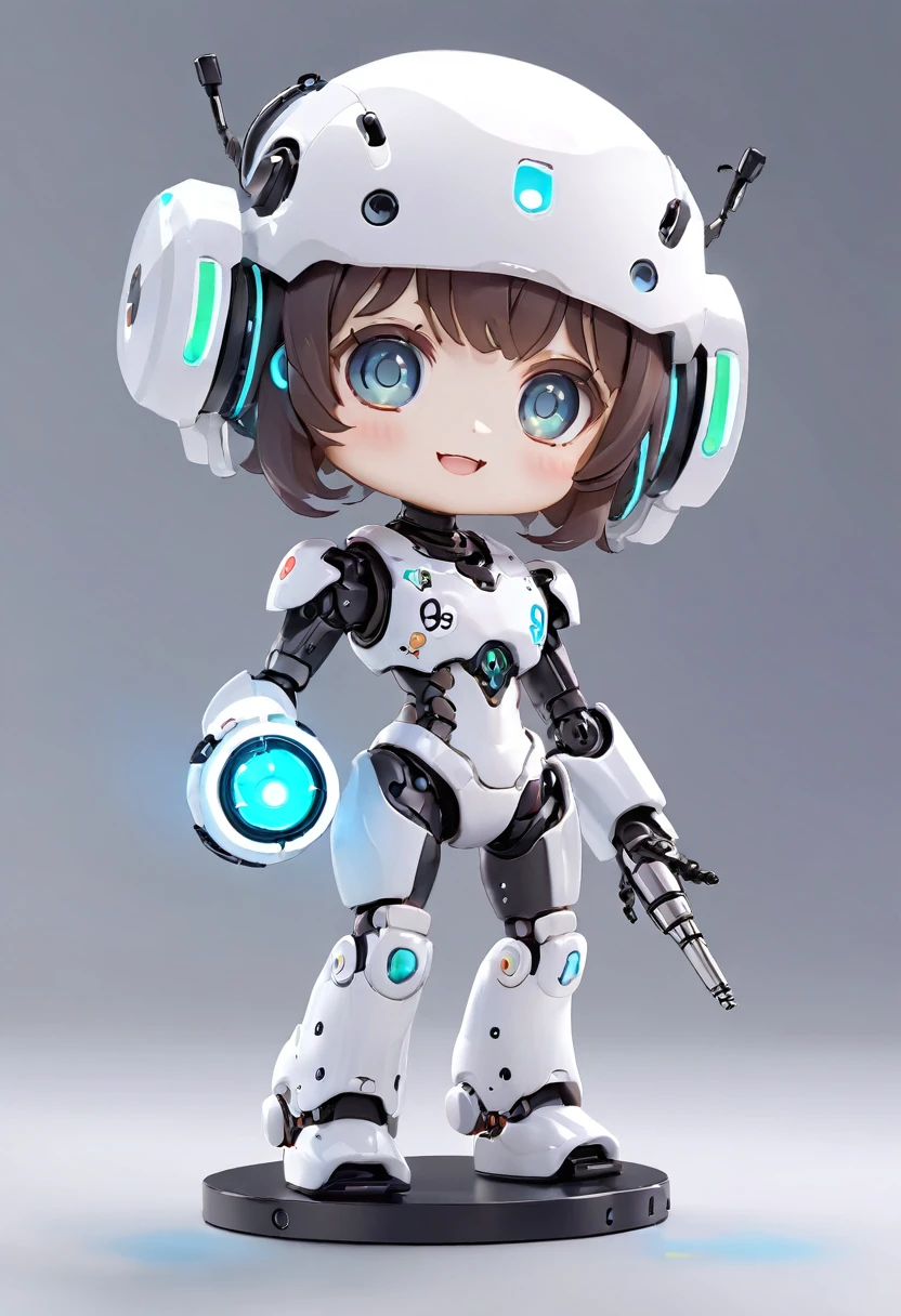 Dice-themed robot, 3D Rendering, Jongsuk Lee, Digital Art, Adorable glowing creatures, Nendoroid-like style, Futuristic Gear Shiny White Armor、A cute girl robot、antenna、Electronic display panel on chest、Holding the microphone close to his mouth while speaking、Smiling Kindly、whole body、Background is white、Are standing