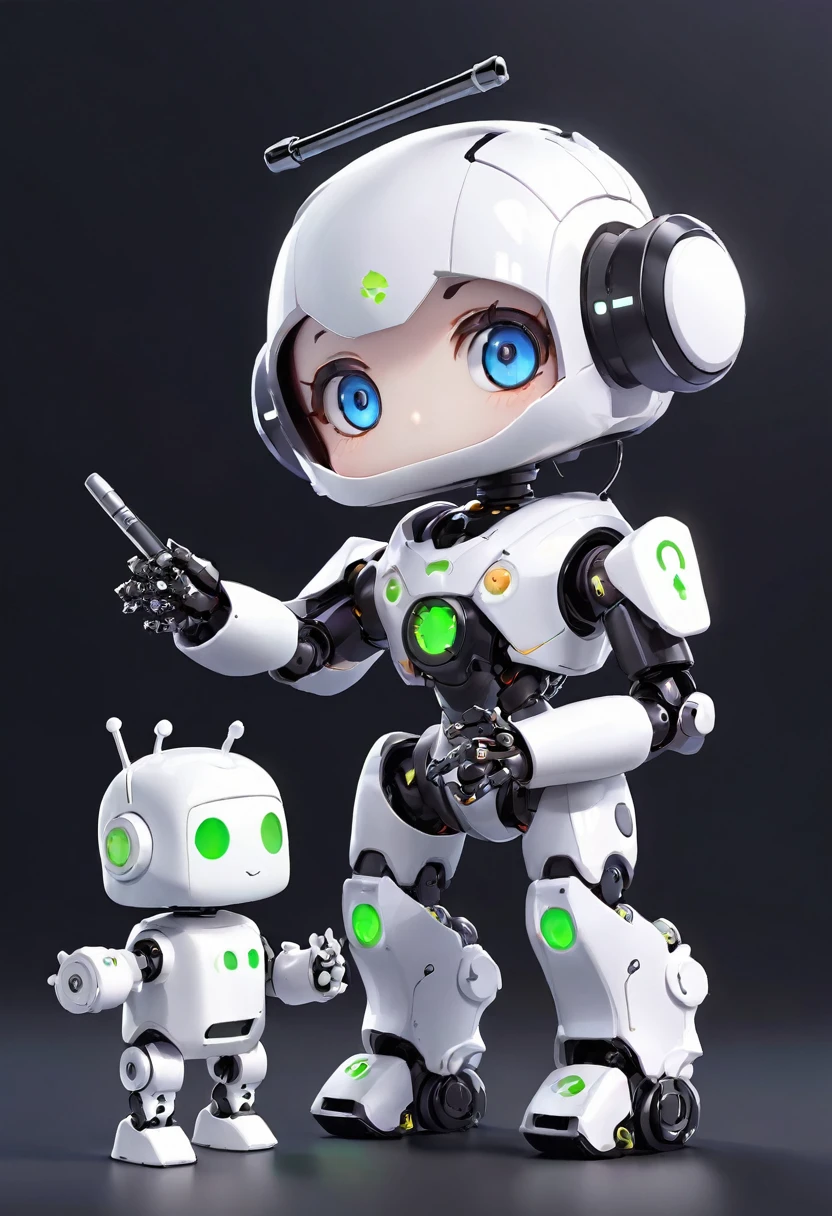 Dice-themed robot, 3D Rendering, Jongsuk Lee, Digital Art, Adorable glowing creatures, Nendoroid-like style, Futuristic Gear Shiny White Armor、A cute girl robot、antenna、Electronic display panel on chest、Holding the microphone close to his mouth while speaking、Smiling Kindly、whole body、Background is white、Are standing