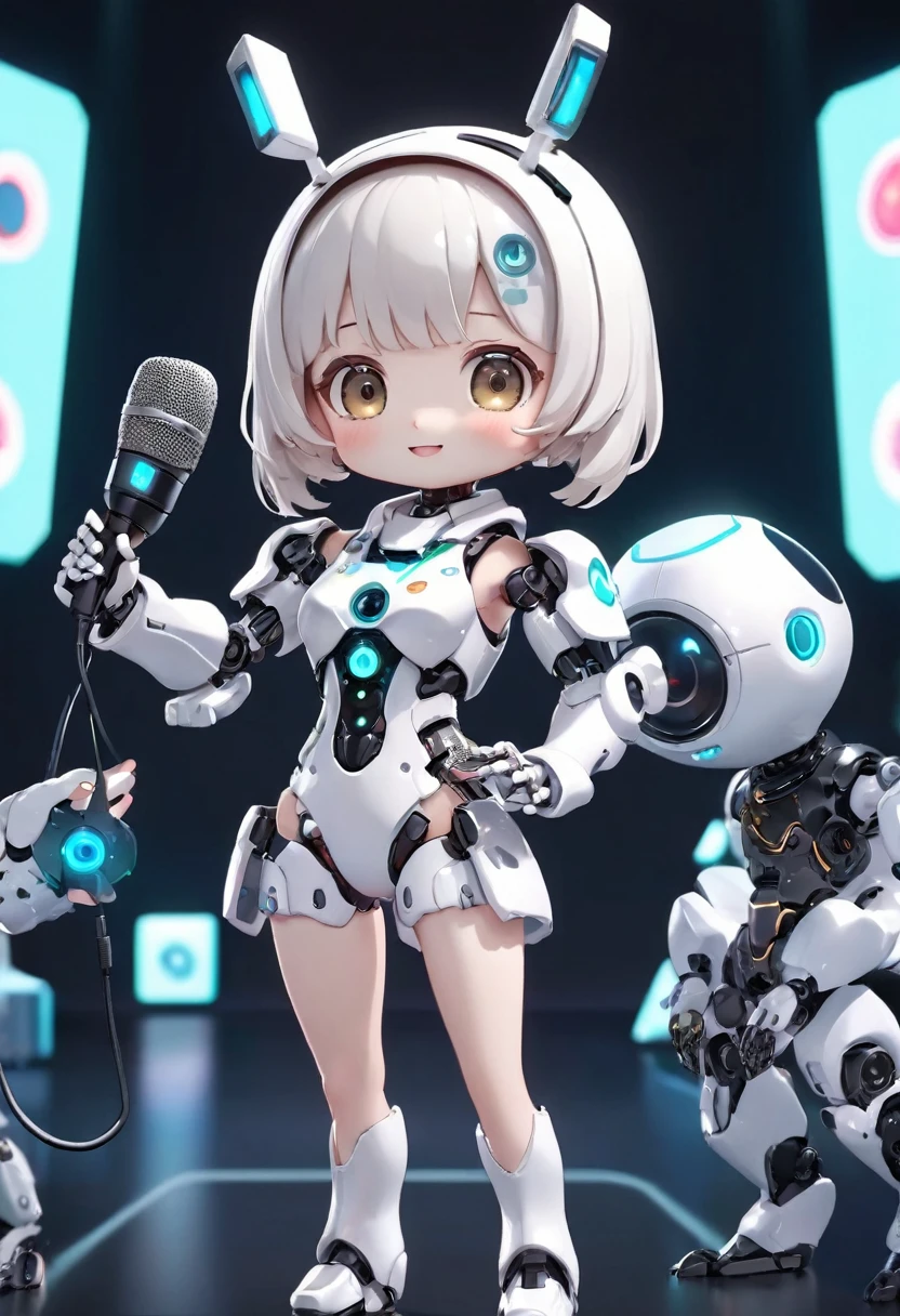 Dice-themed robot, 3D Rendering, Jongsuk Lee, Digital Art, Adorable glowing creatures, Nendoroid-like style, Futuristic Gear Shiny White Armor、A cute girl robot、antenna、Electronic display panel on chest、Holding the microphone close to his mouth while speaking、Smiling Kindly、whole body、Background is white、Are standing