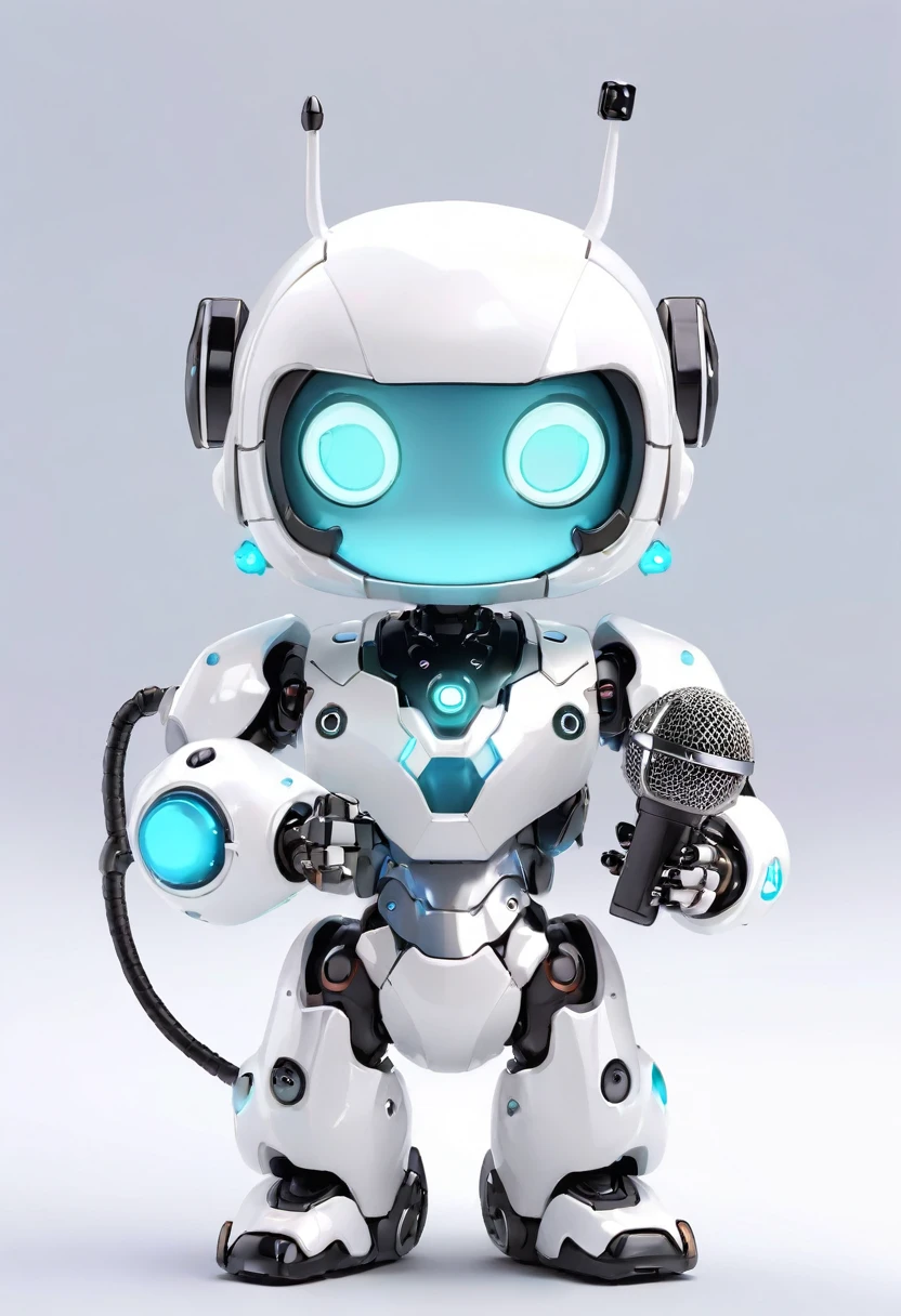 Dice-themed robot, 3D Rendering, Jongsuk Lee, Digital Art, Adorable glowing creatures, Nendoroid-like style, Futuristic Gear Shiny White Armor、A cute girl robot、antenna、Electronic display panel on chest、Holding the microphone close to his mouth while speaking、Smiling Kindly、whole body、Background is white、Are standing