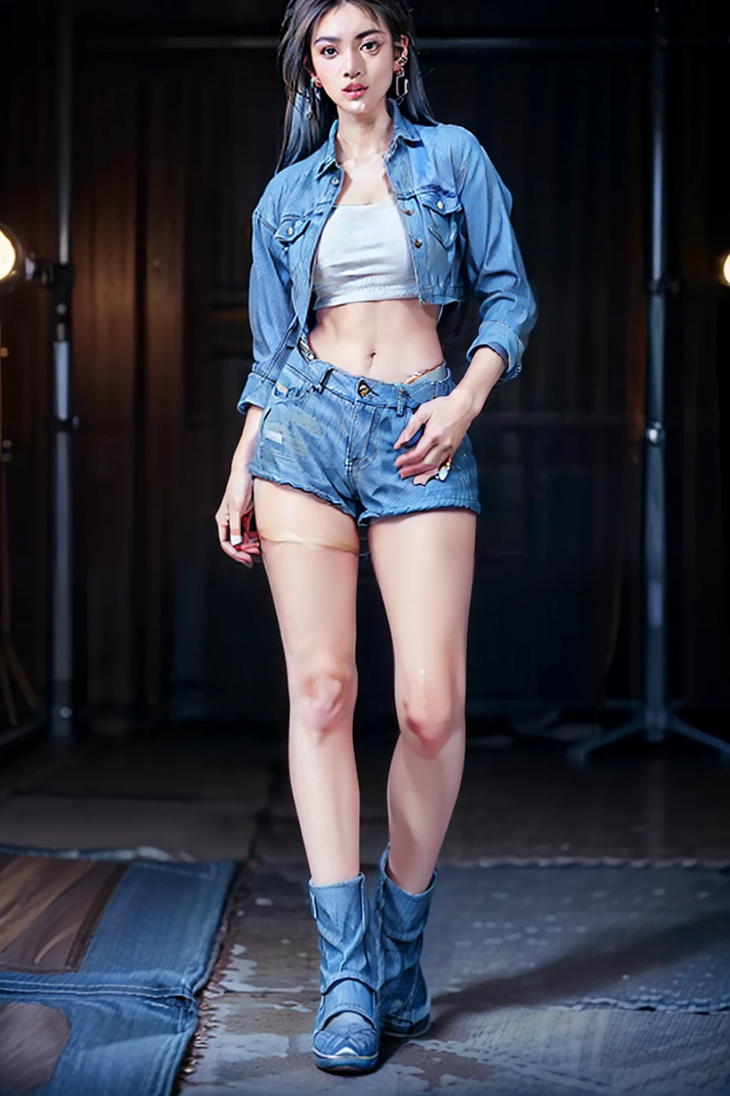 (tall:2),(photo realist: 1.2), (hiper realist: 1.2), (realistic: 1.2), (smoother lighting: 1.2), (Improve the quality of movie lighting: 1.2), (RAW photo:1.2), (better quality:1.2), (perfect eyes:1.2), (masterpiece:1.2), (Physically based rendering:1.2), (ultra high resolution:1.2), (best quality:1.2),(standing:2),(full body shot:2),(sexy pose:2),(long hair:1.2),(beauty face:1.2),(earring:2),(ember eyes:1.2),(tied shirt:1.2),(denim micro shorts:2),(belt:1.2),(beauty legs:2),(leather shoes:1.2),(simple background:1.2),(shiny skin:1.2),(navel:1.2)