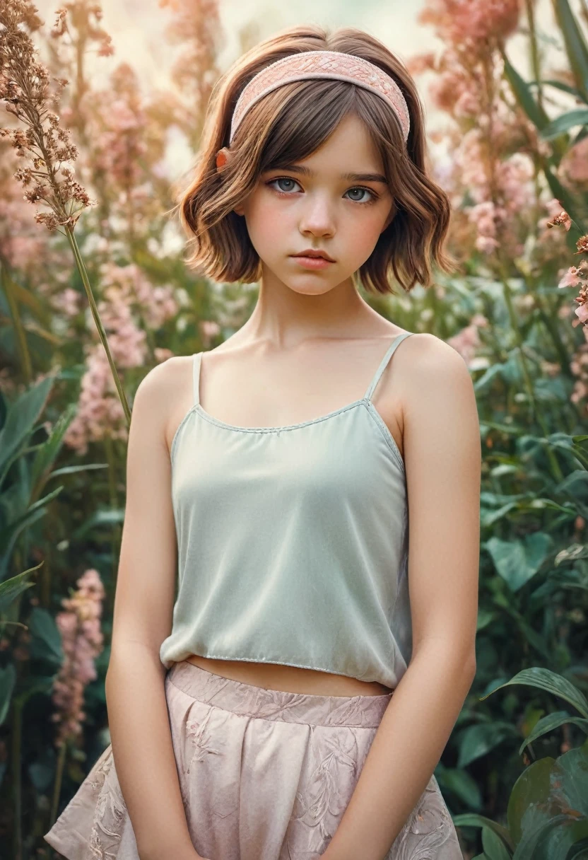 (Kinofoto:1.3) off (Thigh Length Photos:1.3),(sslim:1.3) ((CROPTOP, navel)) Beautiful 12 year old girl, (complex brown hair), muito detalhado texture кожи, realistic texture кожи, looks directly into the camera, (looks at the viewer) ), Schmollmund, , shine, dramatic, dreamy, Pastel flower garden, elegant, strange, soft, muito detalhado, difficult, UHD digital photography, fantasy themed, sslim shoulders, Photo up to the knees , beautiful young girl, large, beautiful body, muito detalhadoe Ganzkörperaufnahme, dreamy, cake, Aquarell, strange, soft, detailed hairband, muito detalhado texture, realistic texture, digital drawing, muito detalhadoes Foto, (art deco: 1 .хoffоралoffм:1.3),(Classical reality:1.3),(Fujifilm Superia:1.3),, Light of the golden hour,