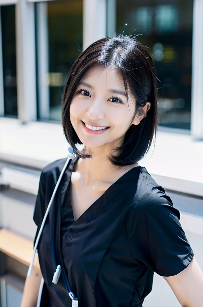 Dental hygienist wearing medical scrubs Japanese black hair early 20s female Upper body close-up smile Shooting outside Harmony々 No accessories included