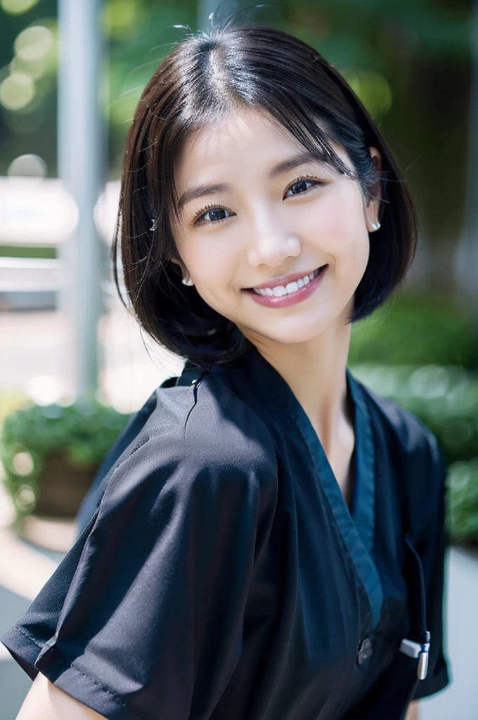 Dental hygienist wearing medical scrubs Japanese black hair early 20s female　Upper body close-up　smile　Shooting outside　Harmony々　No accessories included