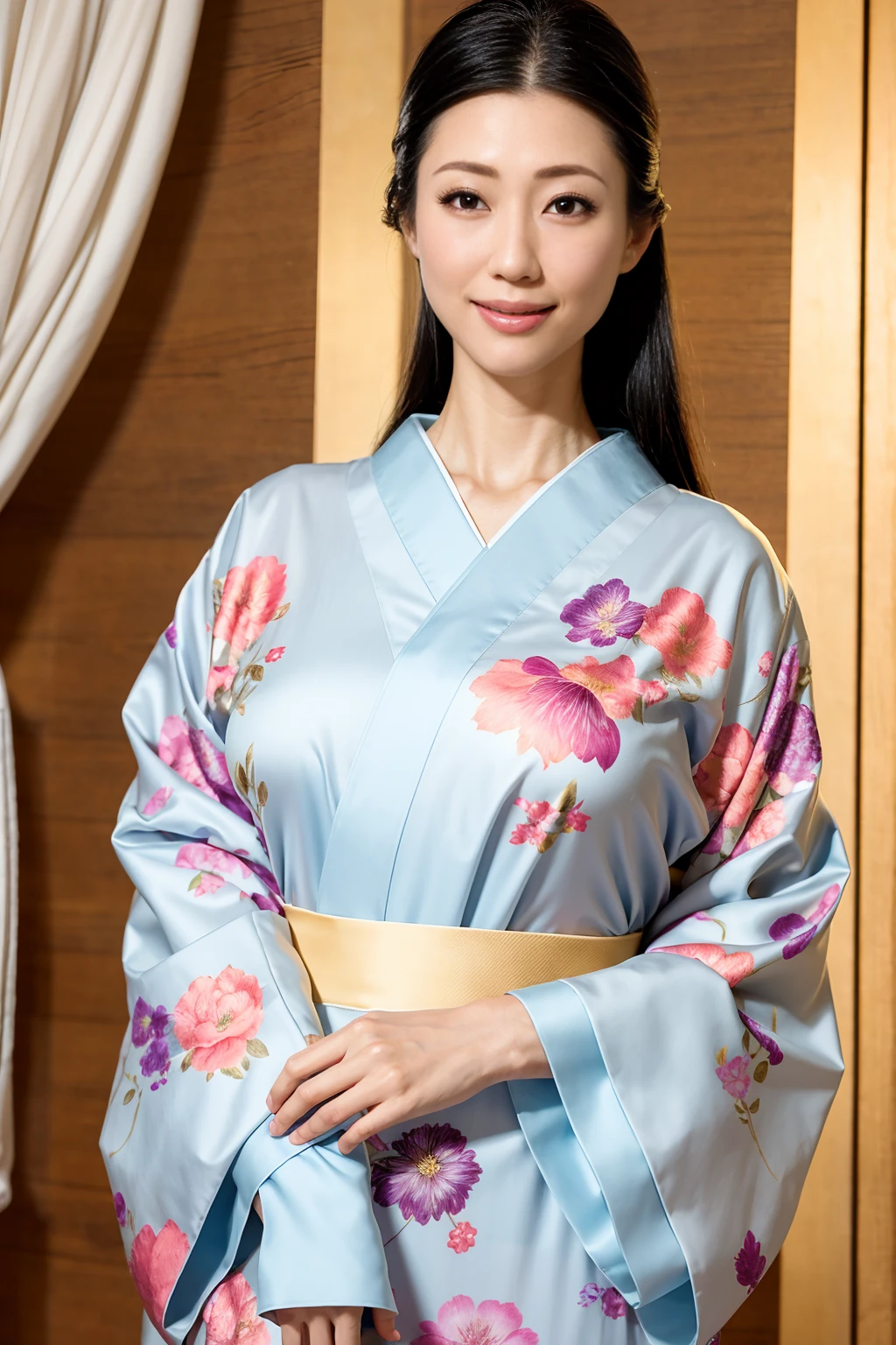 (Highest quality、Tabletop、8k、Best image quality、Award-winning works)、(One beautiful mature woman:1.1)、Mature Face、(The Lady of Shimada Style:1.1)、(Elegant floral kimono:1.2)、(A kimono with a perfect and precise collar:1.2)、Perfect mature woman portrait photo、Glowing Skin、Standing Elegantly、(Blurred elegant and exquisite perfect Japanese style room background:1.3)、(The most natural and perfect tidy Japanese style room background:1.2)、Glowing White Skin、Very white skin、(Accentuate your body lines:1.1)、(The most graceful posture:1.2)、(Large Breasts:1.2)、A perfect smile、Perfect beautiful glossy lips、(Accurate anatomy:1.1)、(A perfect and elegant kimono:1.1)、(Standing with good posture:1.1)、Face close-up