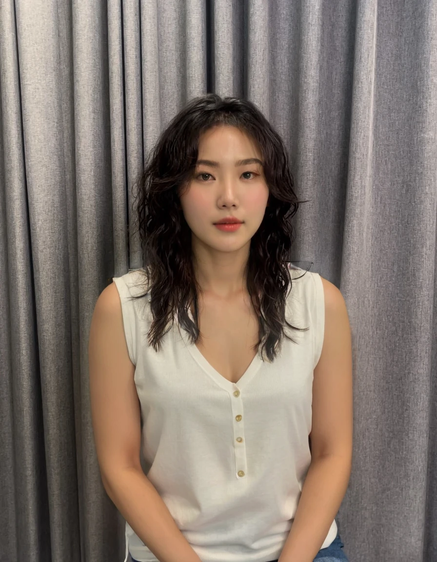 Best Quality, 8k, Masterpiece, (Portrait: 1.3), (photo realistic:1.4), (hyper realistic:1.4), Sharp Focus, looking at viewer, (smoother lighting:1.1), (increase cinematic lighting quality:0.9), realistic lighting, backlighting, light on face, ray trace, (brightening light:1.2), (Increase quality:1.4), sharp detail, (best quality real texture skin:1.4), finely detailed eyes, black_eyes, finely detailed face, 25 year old Korean woman, (white t-shirt:1.4), (Create an image maintaining the original base model hairstyle:1.5)