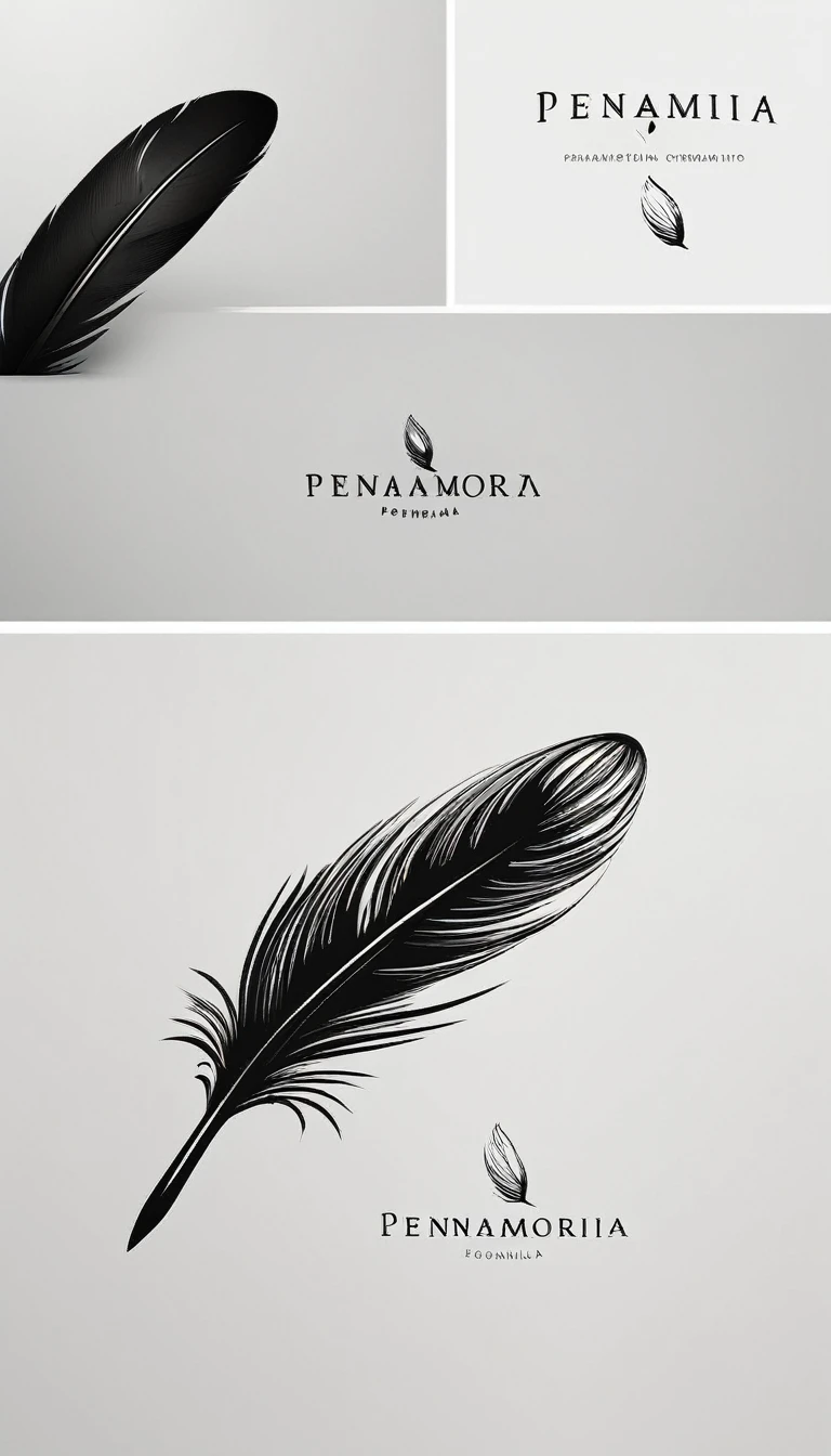 A minimal, modern, simple, cinematic logo design for the brand “Penamemoria". Create a modern, minimalistic, high-quality, logo of a feather-bird