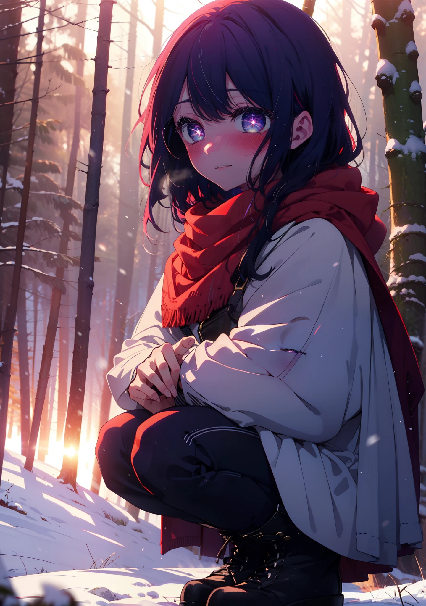 aihoshino, Ai Hoshino, Long Hair, bangs, (Purple eyes:1.1), Purple Hair, (Symbol-shaped pupil:1.5), smile,,smile,blush,white breath,
Open your mouth,snow,Ground bonfire, Outdoor, boots, snowing, From the side, wood, suitcase, Cape, Blurred, , forest, White handbag, nature,  Squat, Mouth closed, Cape, winter, Written boundary depth, Black shoes, red Cape break looking at viewer, Upper Body, whole body, break Outdoor, forest, nature, break (masterpiece:1.2), Highest quality, High resolution, unity 8k wallpaper, (shape:0.8), (Beautiful and beautiful eyes:1.6), Highly detailed face, Perfect lighting, Highly detailed CG, (Perfect hands, Perfect Anatomy),