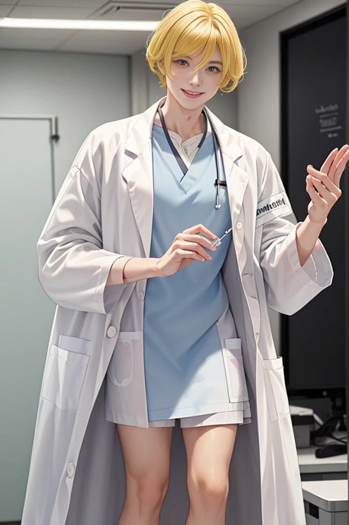 Doctor, 1 man, solo, sitting (Looking at the audience), (white lab coat:1.5),  ,Stylish clothes who is an adult /(yellow hair/) Bangs, smiling kindly (The best quality masterpiece:1.2) , Delicate illustrations, Special details, (hospital examination room) In the building, desk (X-ray image of the lungs:1.2) Detailed background