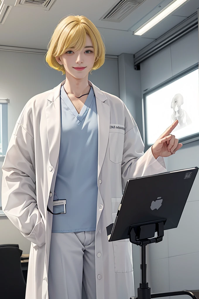 Doctor, 1 man, solo, sitting (Looking at the audience), (white lab coat:1.5), ,Stylish clothes who is an adult /(yellow hair/) Bangs, smiling kindly (The best quality masterpiece:1.2) , Delicate illustrations, Special details, (hospital examination room) In the building, desk (X-ray image of the lungs:1.2) Detailed background