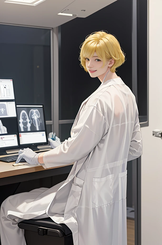 Doctor, 1 man, solo, sitting (Looking at the audience), (white lab coat:1.5), ,Stylish clothes who is an adult /(yellow hair/) Bangs, smiling kindly (The best quality masterpiece:1.2) , Delicate illustrations, Special details, (hospital examination room) In the building, desk (X-ray image of the lungs:1.2) Detailed background