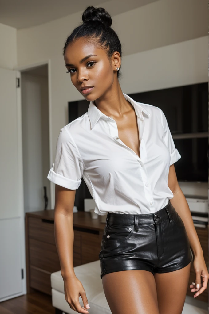 Black woman wearing small leather short shorts and, white shirt, flirts with camera, hair in a bun, whole body