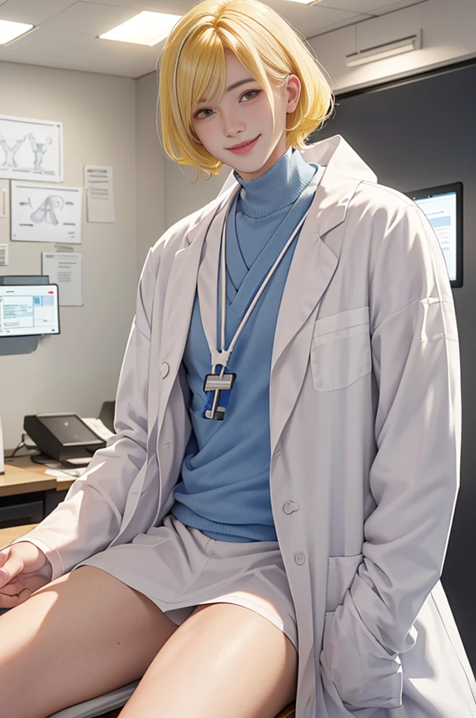 Doctor, 1 man, solo, sitting (Looking at the audience), (white lab coat:1.5),  ,Stylish clothes who is an adult /(yellow hair/) Bangs, smiling kindly (The best quality masterpiece:1.2) , Delicate illustrations, Special details, (hospital examination room) In the building, desk (X-ray image of the lungs:1.2) Detailed background