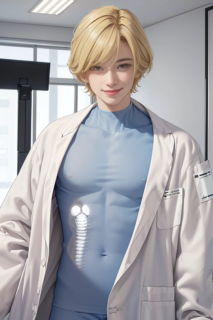 Doctor, 1 man, solo, sitting (Looking at the audience), (white lab coat:1.5), ,Stylish clothes who is an adult /(yellow hair/) Bangs, smiling kindly (The best quality masterpiece:1.2) , Delicate illustrations, Special details, (hospital examination room) In the building, desk (X-ray image of the lungs:1.2) Detailed background