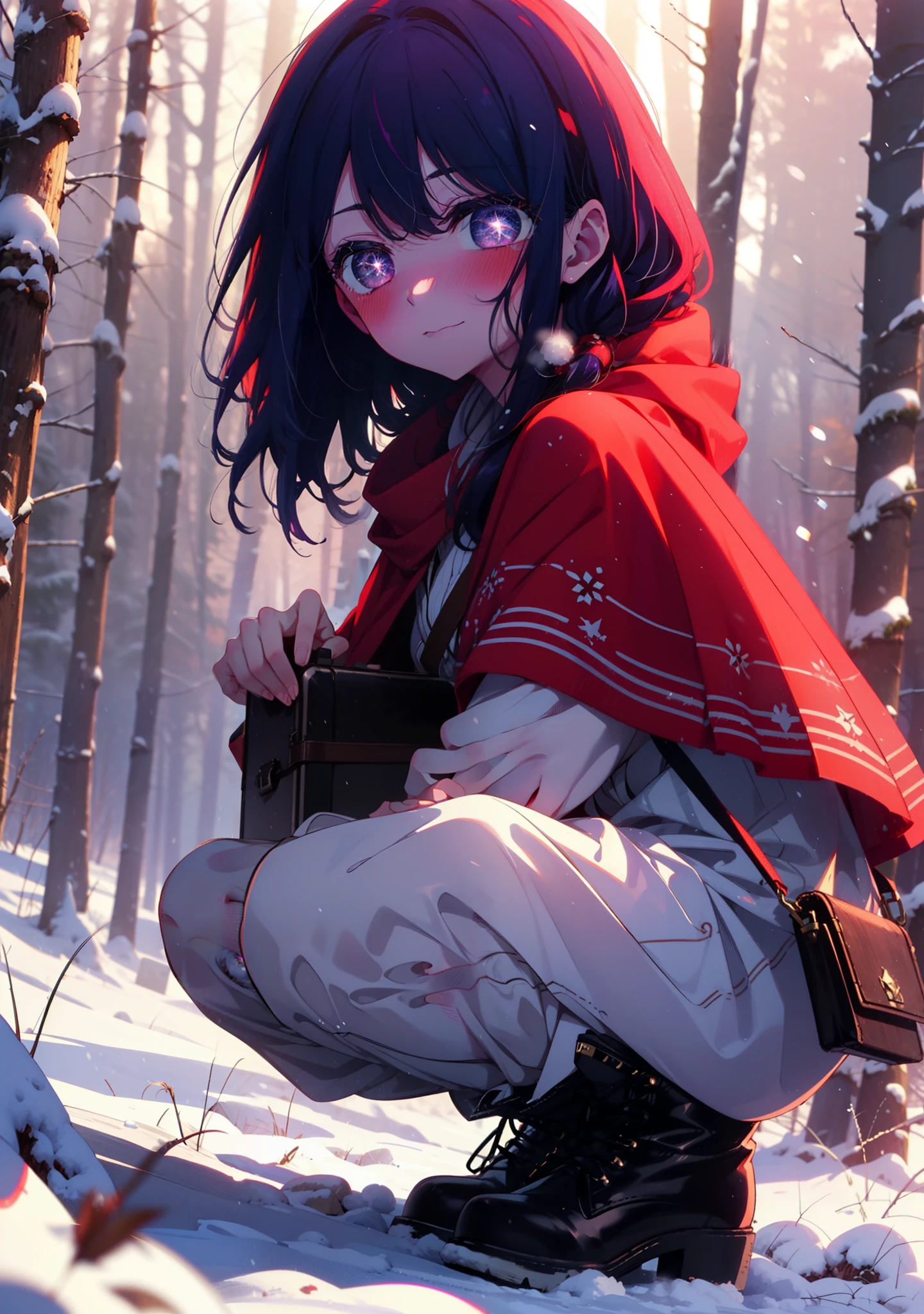 aihoshino, Ai Hoshino, Long Hair, bangs, (Purple eyes:1.1), Purple Hair, (Symbol-shaped pupil:1.5), smile,,smile,blush,white breath,
Open your mouth,snow,Ground bonfire, Outdoor, boots, snowing, From the side, wood, suitcase, Cape, Blurred, , forest, White handbag, nature,  Squat, Mouth closed, Cape, winter, Written boundary depth, Black shoes, red Cape break looking at viewer, Upper Body, whole body, break Outdoor, forest, nature, break (masterpiece:1.2), Highest quality, High resolution, unity 8k wallpaper, (shape:0.8), (Beautiful and beautiful eyes:1.6), Highly detailed face, Perfect lighting, Highly detailed CG, (Perfect hands, Perfect Anatomy),