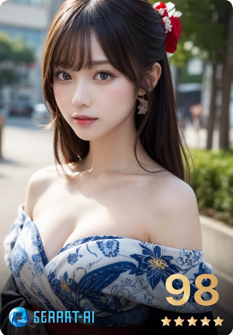 masutepiece, Best Quality, Illustration, Ultra-detailed, finely detail, hight resolution, 8K Wallpaper, Perfect dynamic composition, Beautiful detailed eyes, kimono, Off-shoulder, cleavage,Height 165cm,spiritual girl,Blonde, Food,