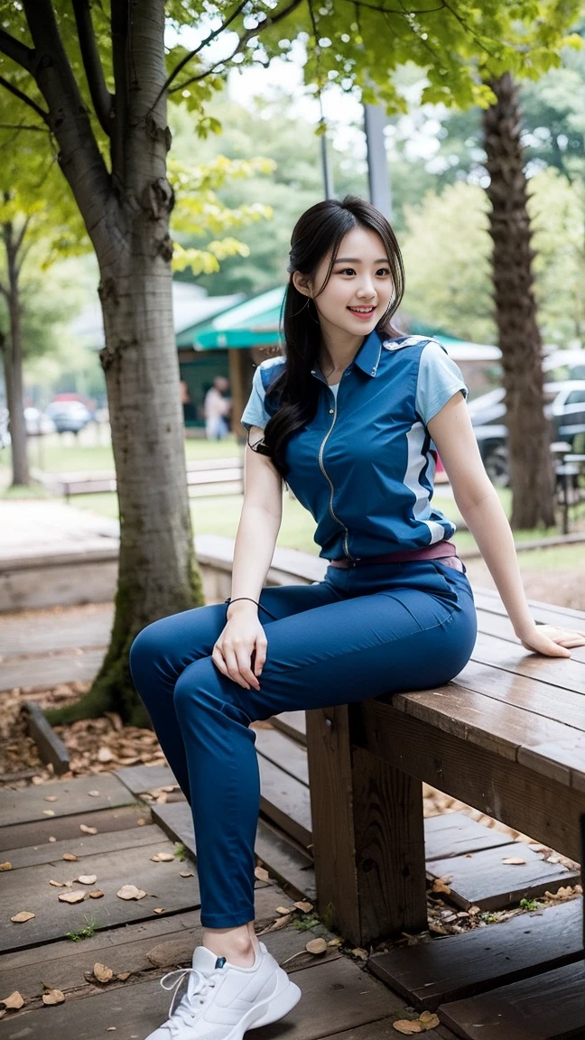 masterpiece, best quality, Surreal, Ultra Detailed, 8K resolution, RAW photos, Clear focus, (A girl in the forest), ((navy blue shirt:1.1)), sleeveless, Long sweatpants,Beautiful leg lines,Thin waist and hips,Sexy妩媚,Attractive thighs,充满Sexy,Sexy,Full body posture, Solitary, Perfect body, Become a, 36 inches in the chest,(a charming smile:1), (sexy pose),26 years old, light,White shoes,