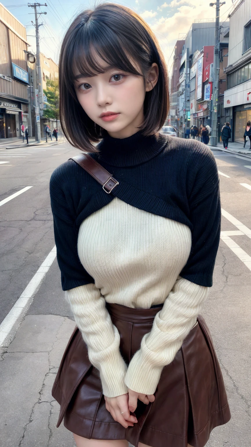 masterpiece, best quality, illustration, Super detailed, fine details, High resolution, 8K,wall paper, perfect dynamic composition,(Details High quality, realistic depiction of eyes:1.3), short hair, Gorgeous and stylish black fluffy latest trend Tokyo winter clothes, wool sweater, A-line skirt, short bob hair, black hair color, Big Natural Color Lip, sexy pose, crying a little、cold gaze, Harajuku style、20 year old girl、cute type、ta, hposing Gravure Idol, full body photo、focus on crotch, large breasts, expresses the roundness and softness of your chest, Don't expose it