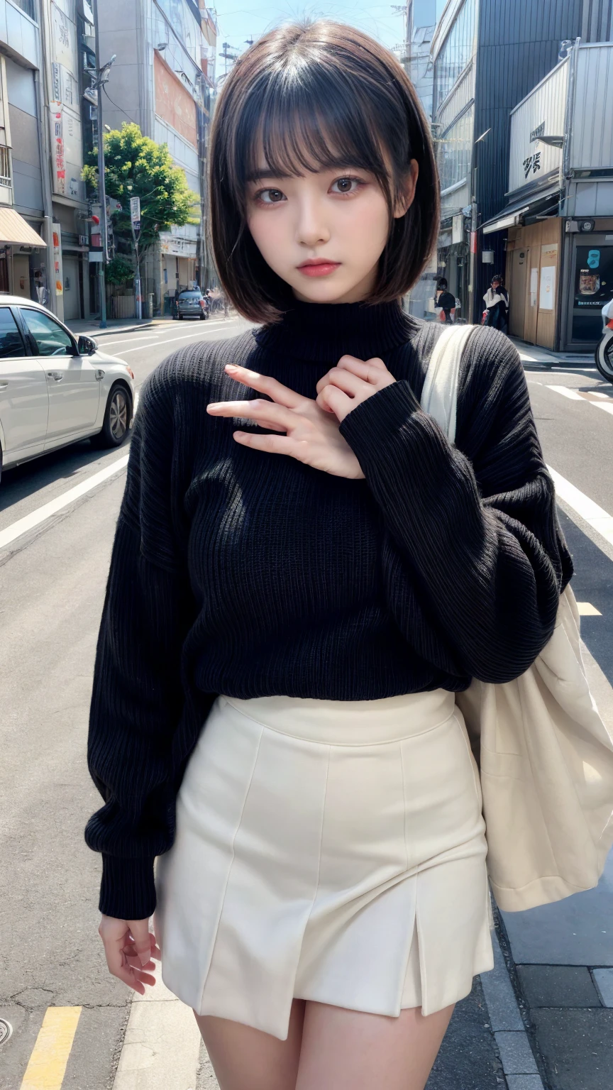masterpiece, best quality, illustration, Super detailed, fine details, High resolution, 8K,wall paper, perfect dynamic composition,(Details High quality, realistic depiction of eyes:1.3), short hair, Gorgeous and stylish black fluffy latest trend Tokyo winter clothes, wool sweater, A-line skirt, short bob hair, black hair color, Big Natural Color Lip, sexy pose, crying a little、cold gaze, Harajuku style、20 year old girl、cute type、lolita, hposing Gravure Idol, full body photo、focus on crotch, large breasts, expresses the roundness and softness of your chest, Don't expose it