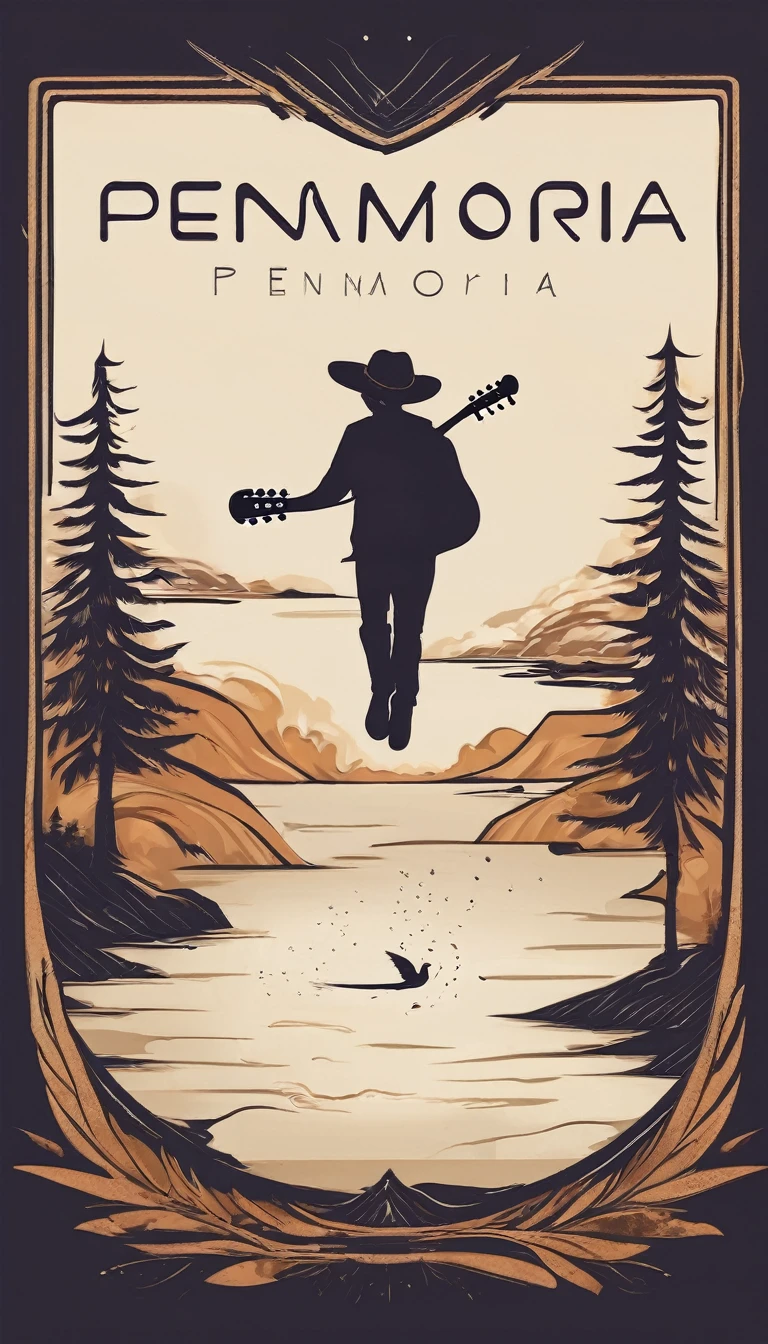 A minimal, modern, simple, cinematic, minimalistic logo design for the brand “Penamemoria". The logo design must be a simple, magical feather and a boy running and holding an acoustic guitar. The logo must convey a sense of music, stories and dreams. Logo design impressed on a book cover. Minimalistic logo