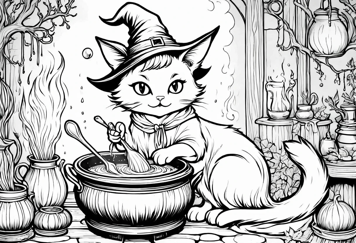 create coloring book, a black and white drawing of a witch cat in a pot with a spoon, cat wearing witch hat ond robe, casting a spell on a potion, witchy, magical cauldron, extremely fine ink lineart, the cat cooks soup, line art colouring page, casting a spell, magical potions, clean coloring book page, making a potion, scarry but bewitching