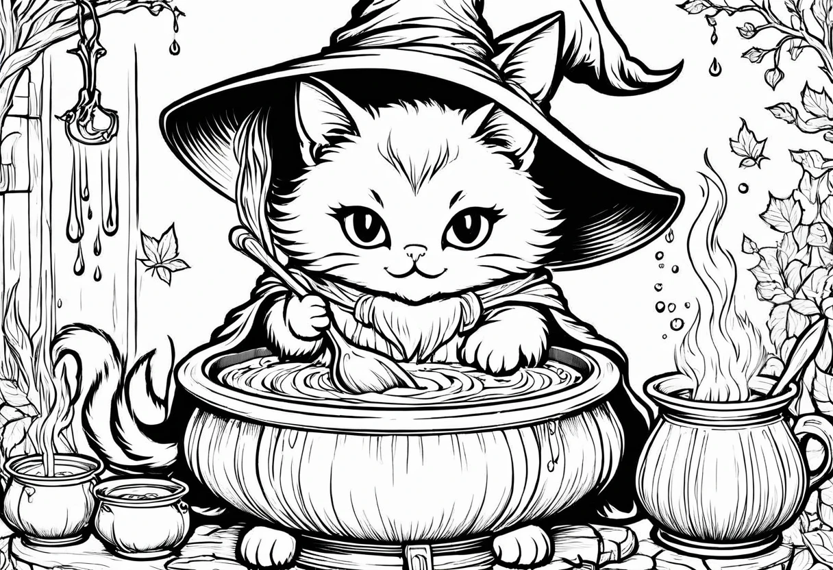 create coloring book, a black and white drawing of a witch cat in a pot with a spoon, cat wearing witch hat ond robe, casting a spell on a potion, witchy, magical cauldron, extremely fine ink lineart, the cat cooks soup, line art colouring page, casting a spell, magical potions, clean coloring book page, making a potion, scarry but bewitching