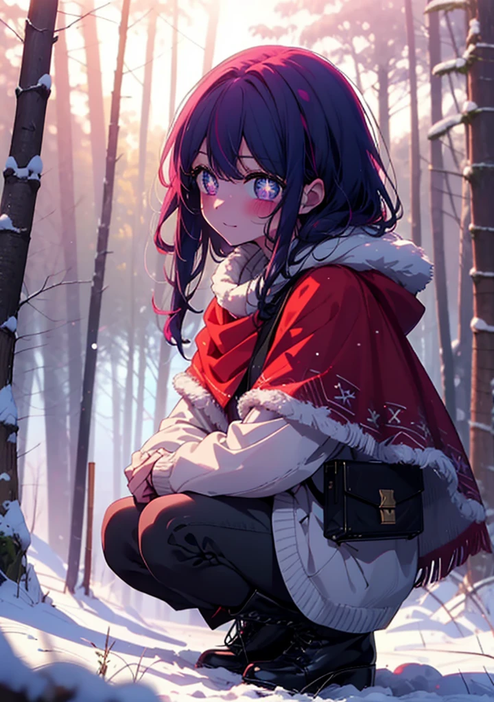 aihoshino, Ai Hoshino, Long Hair, bangs, (Purple eyes:1.1), Purple Hair, (Symbol-shaped pupil:1.5), smile,,smile,blush,white breath,
Open your mouth,snow,Ground bonfire, Outdoor, boots, snowing, From the side, wood, suitcase, Cape, Blurred, , forest, White handbag, nature,  Squat, Mouth closed, Cape, winter, Written boundary depth, Black shoes, red Cape break looking at viewer, Upper Body, whole body, break Outdoor, forest, nature, break (masterpiece:1.2), Highest quality, High resolution, unity 8k wallpaper, (shape:0.8), (Beautiful and beautiful eyes:1.6), Highly detailed face, Perfect lighting, Highly detailed CG, (Perfect hands, Perfect Anatomy),