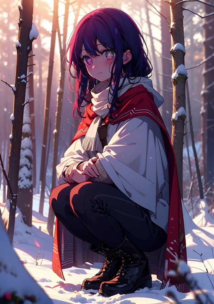 aihoshino, Ai Hoshino, Long Hair, bangs, (Purple eyes:1.1), Purple Hair, (Symbol-shaped pupil:1.5), smile,,smile,blush,white breath,
Open your mouth,snow,Ground bonfire, Outdoor, boots, snowing, From the side, wood, suitcase, Cape, Blurred, , forest, White handbag, nature, Squat, Mouth closed, Cape, winter, Written boundary depth, Black shoes, red Cape break looking at viewer, Upper Body, whole body, break Outdoor, forest, nature, break (masterpiece:1.2), Highest quality, High resolution, unity 8k wallpaper, (shape:0.8), (Beautiful and beautiful eyes:1.6), Highly detailed face, Perfect lighting, Highly detailed CG, (Perfect hands, Perfect Anatomy),