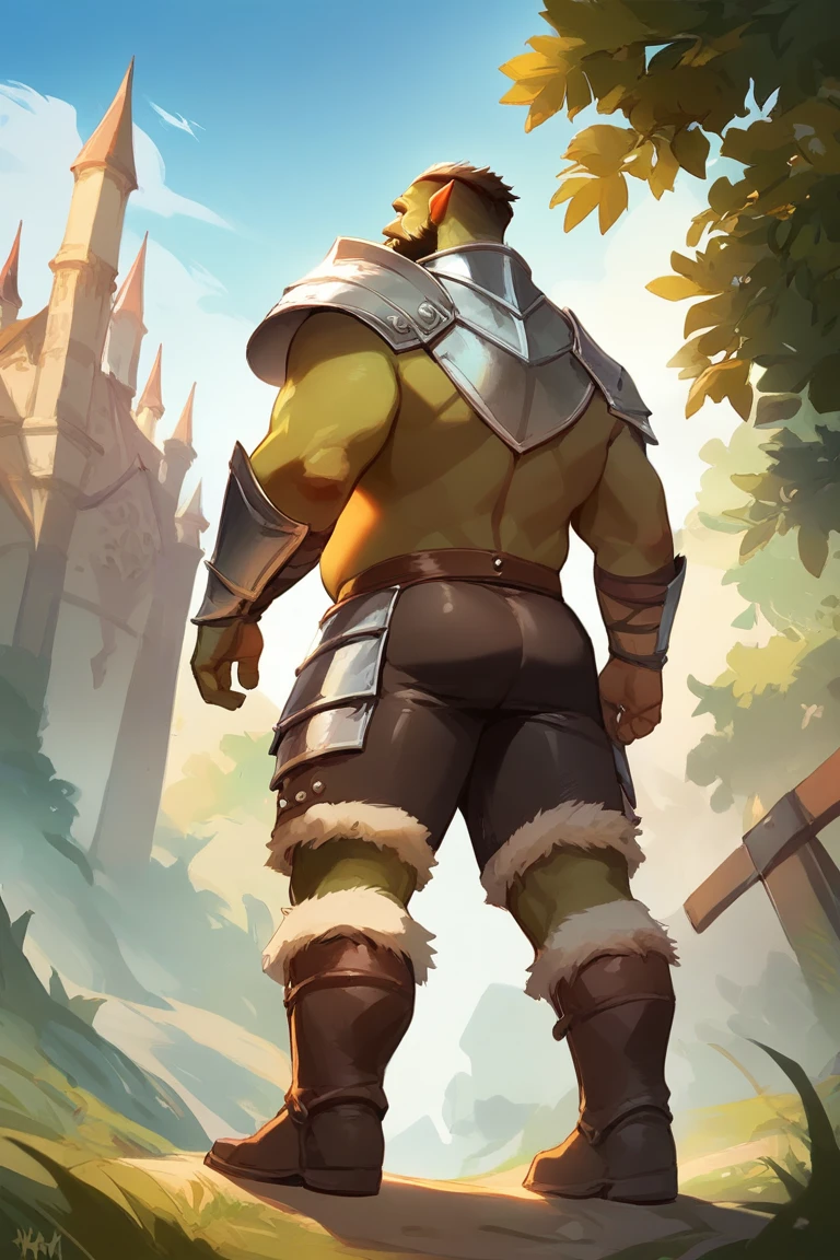 score_9, score_8_up, score_7_up, solo, male focus, chubby male, orc, green skin, tusks, beard, outdoors, armor , shoulder armor, breastplate, day, boots armor , (( sagging black tight shorts )) , full body , backside , back side , low-angle