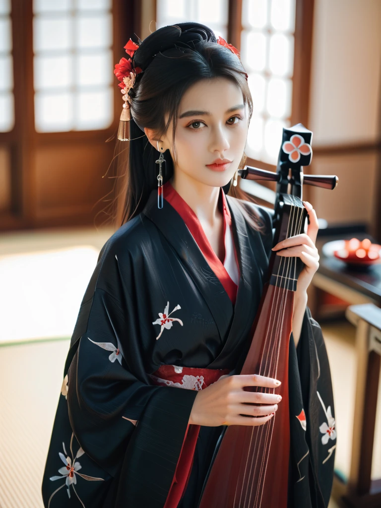 A woman in a black kimono with red accents,holding instrument, She has long dark hair adorned with flowers and earrings, looking at the viewer from an indoor setting with blurred background elements like furniture and decor.