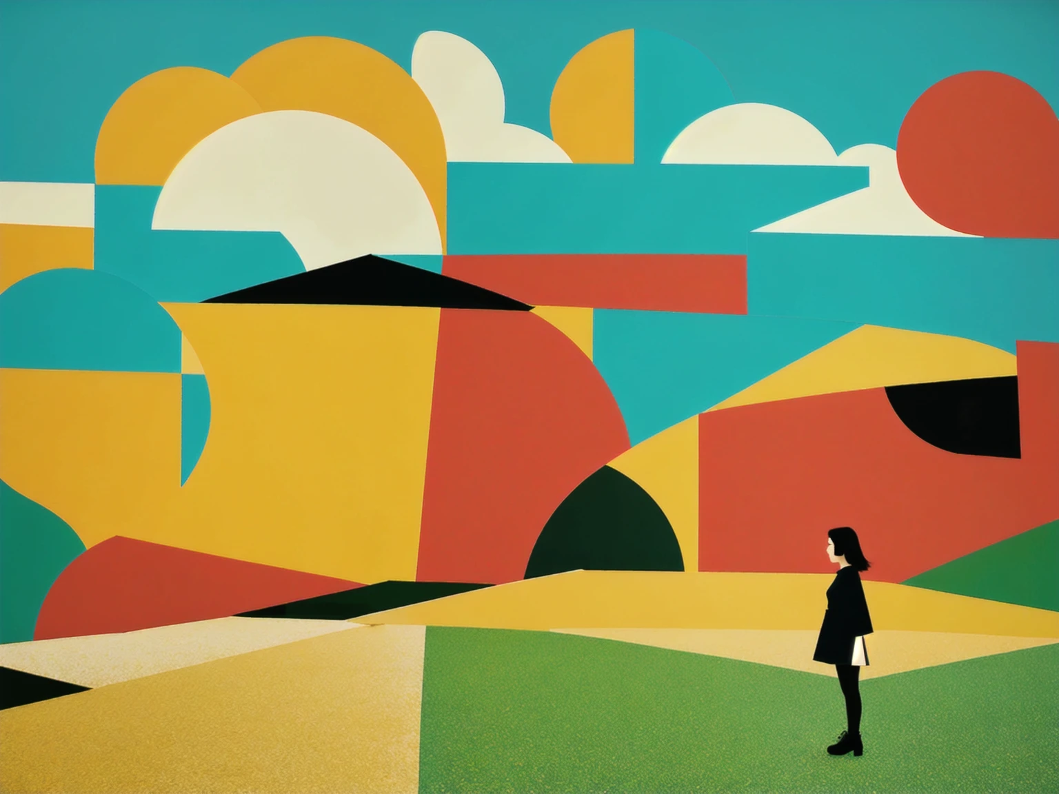 a beautiful girl in a minimalist pop art style countryside landscape, ultra-realistic, ultra-detailed, masterpiece, best quality, 8k, hyperrealistic, photorealistic, highly detailed, intricate, exquisite, serene, peaceful, wanderlust, wandering, tranquil, rural, pastoral, travel, vacation, adventure, natural, outdoor, scenic, picturesque